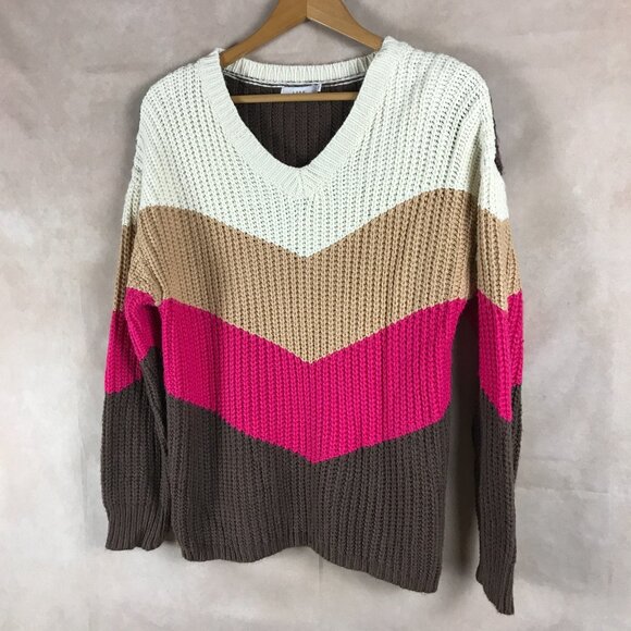 LUSH Ribbed V-neck Colorblock Chevron Sweater SMALL - Picture 6 of 7